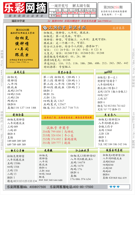 福彩3D第2026255期★字谜总汇★解太湖★预测