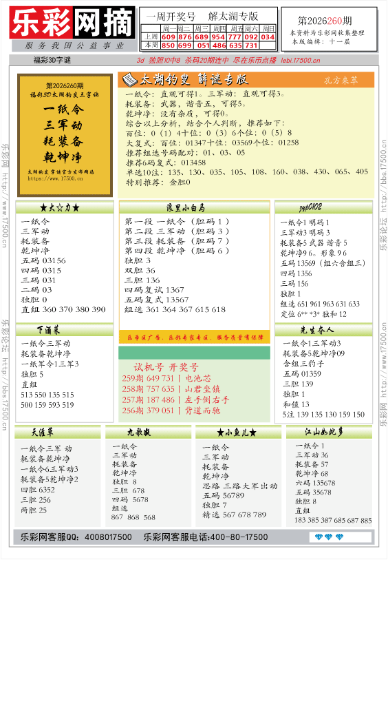福彩3D第2026260期★字谜总汇★解太湖★预测