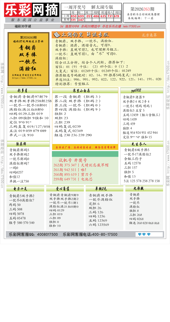 福彩3D第2026263期★字谜总汇★解太湖★预测